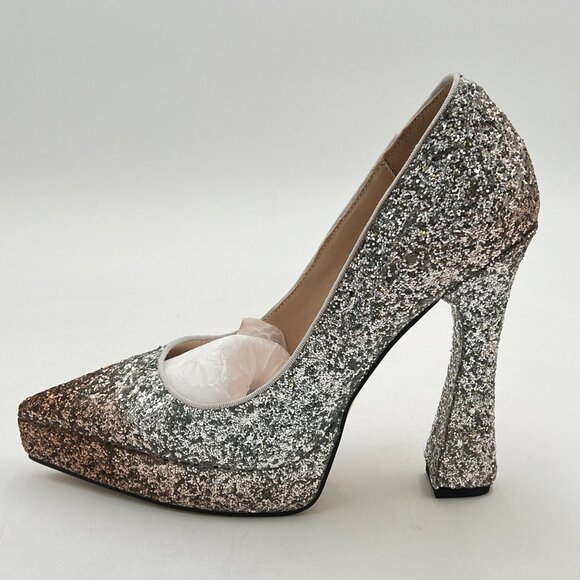 YDN Silver Champagne Glitter Platform Pointed Toe Pumps Special High Heel Shoe - Picture 2 of 8